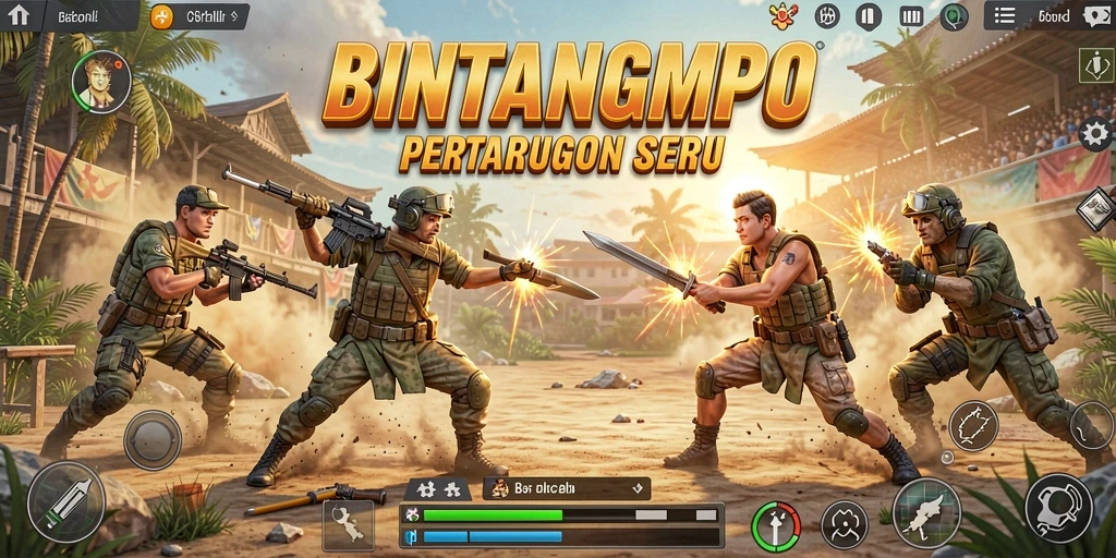 Tangkapan layar utama BINTANGMPO menampilkan aksi pertempuran Battle Royale yang mendebarkan.
