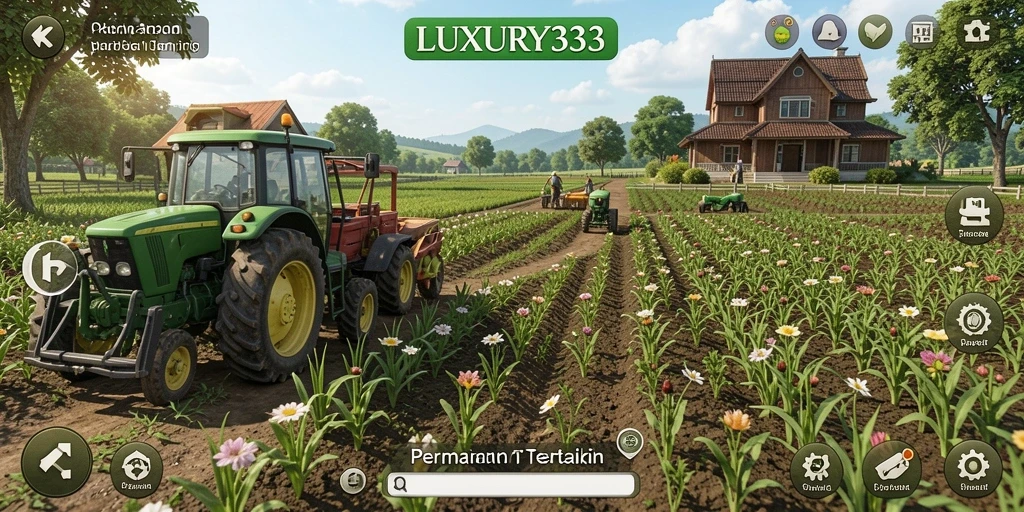Tampilan gameplay LUXURY333 dengan pertanian yang indah dan berwarna.