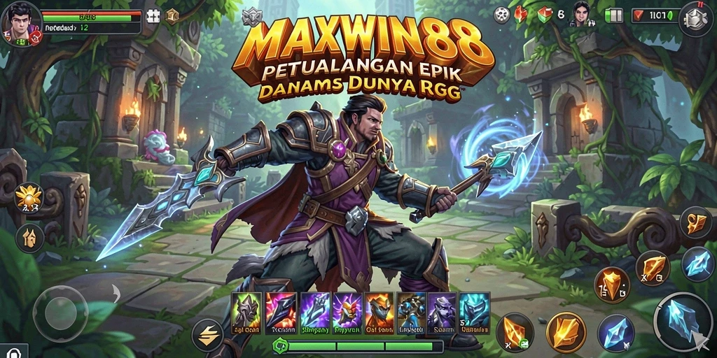 Screenshot utama MAXWIN88 menampilkan aksi pertempuran seru dalam dunia RPG.