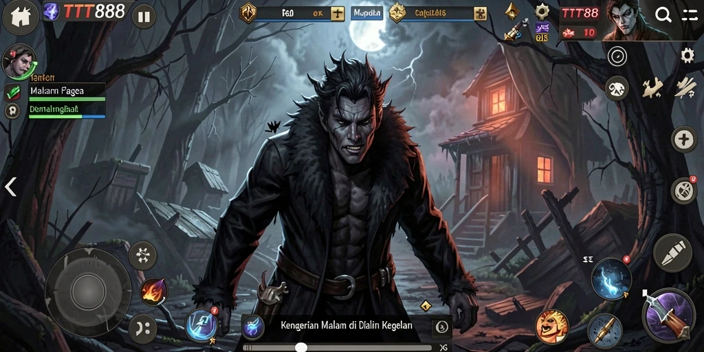 Tampilan gameplay TTT888 dengan suasana horor yang menyeramkan.