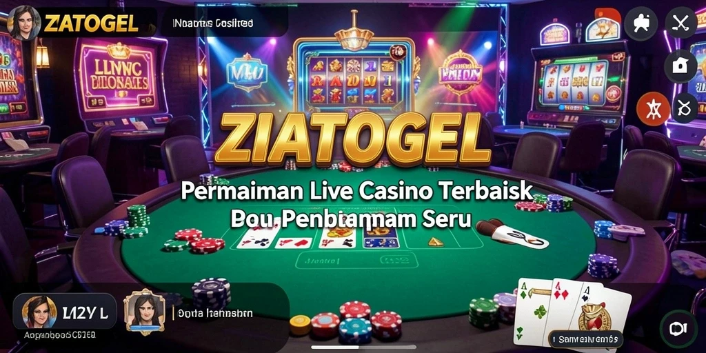 Screenshot gameplay ZIATOGEL menampilkan dealer profesional dan suasana kasino hidup.